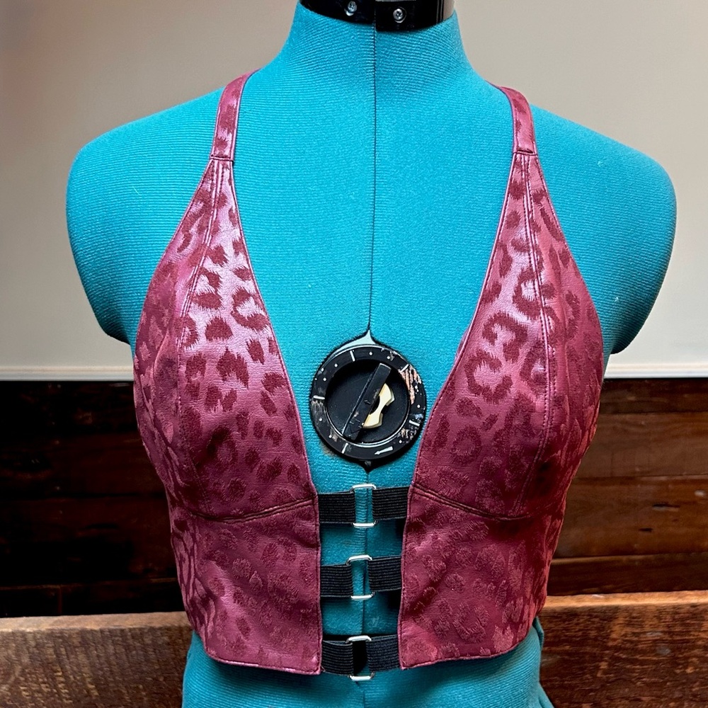 Sexy Goth Faux Leather Halter Crop Top / Bralette w/ Velvety Punk Leopard Print
